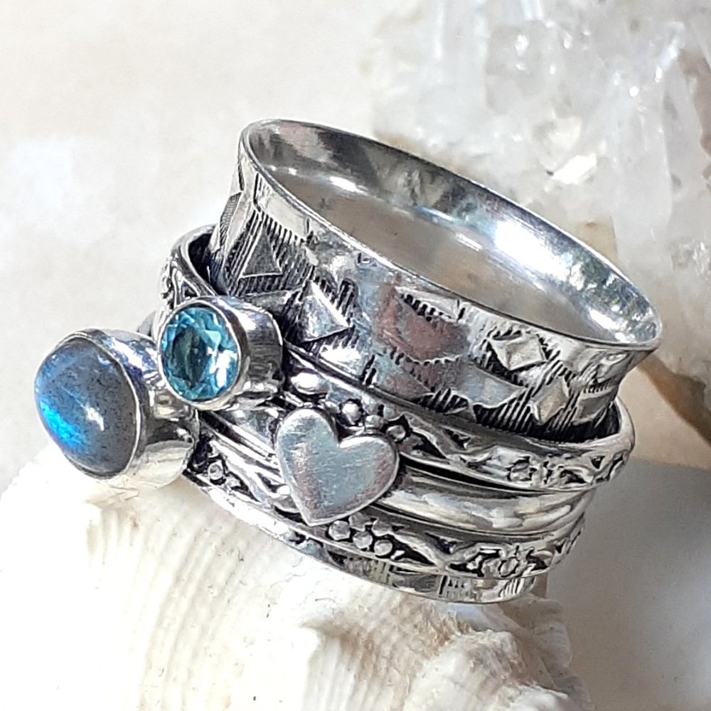 925 Sterling Moonstone & Sapphire Spinner Ring - Picture 5 of 11